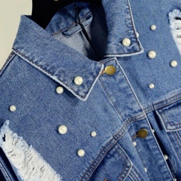  Distressed Pearl Bead Jean Denim Vintage Jacket - Picture 7 of 8